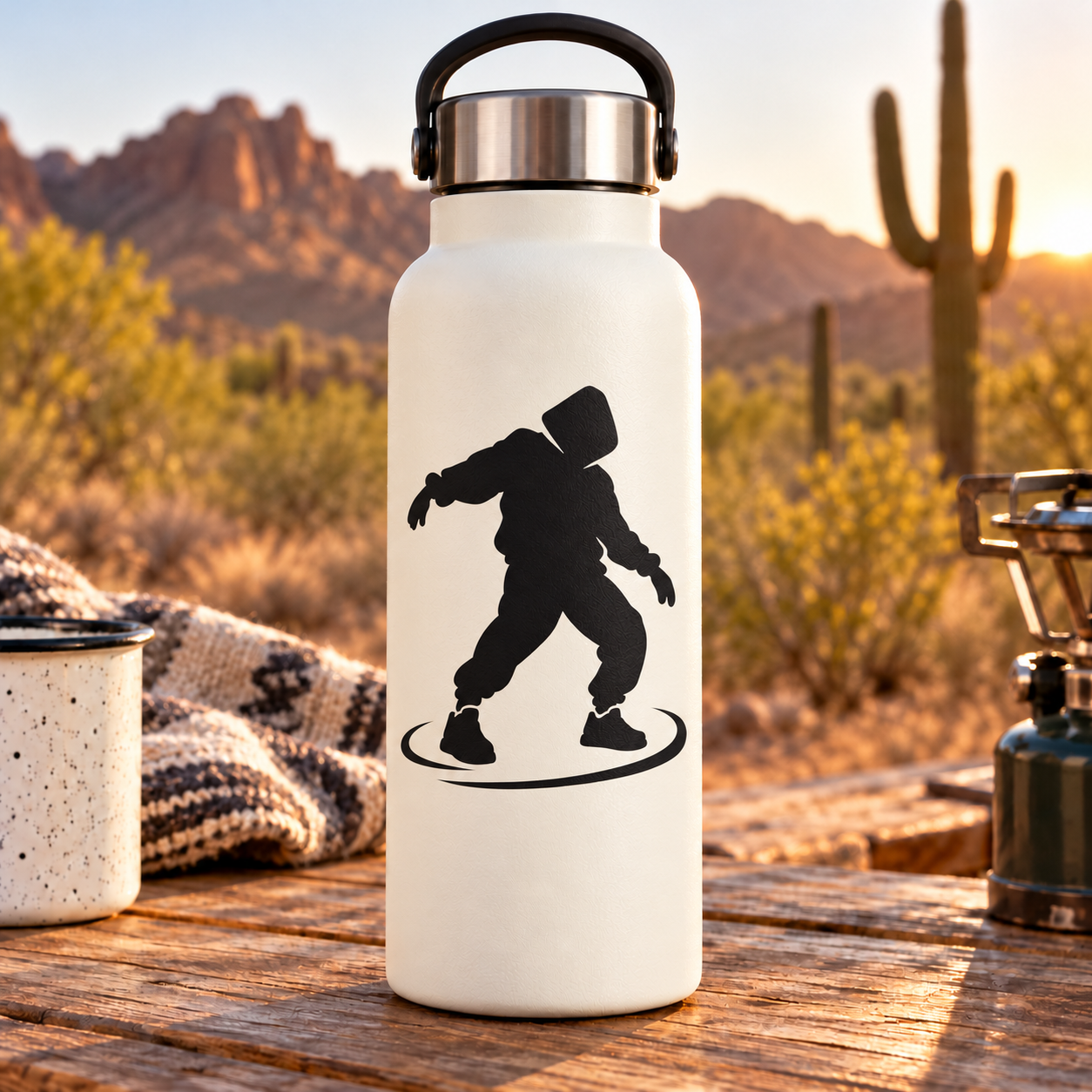 Vinyl decal of black dancing figure on white bottle