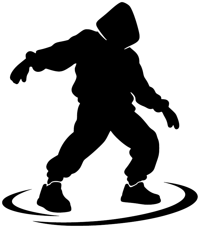 Vinyl decal black silhouette of dancing street performer on curved base line