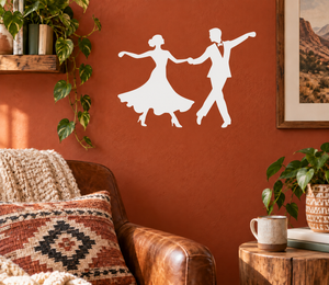 Ballroom turn dance vinyl decal with white silhouettes of twirling dancer and partner