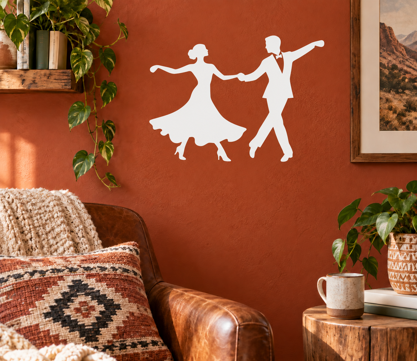 Ballroom turn dance vinyl decal with white silhouettes of twirling dancer and partner