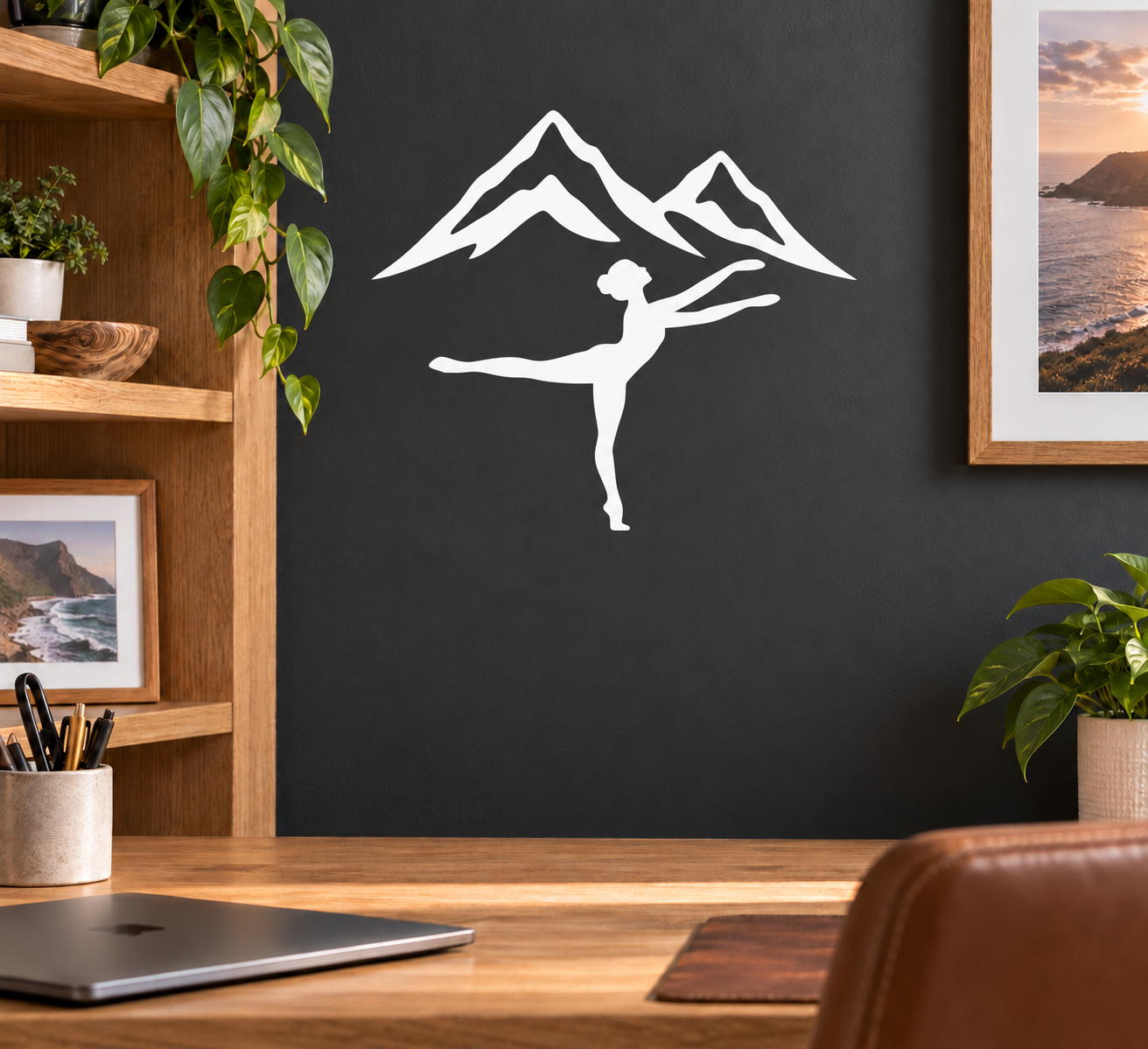 White vinyl wall decal: dancer in motion with mountain outline