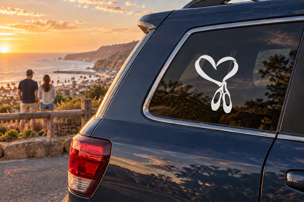 White ballet heart ribbon vinyl decal on car rear window