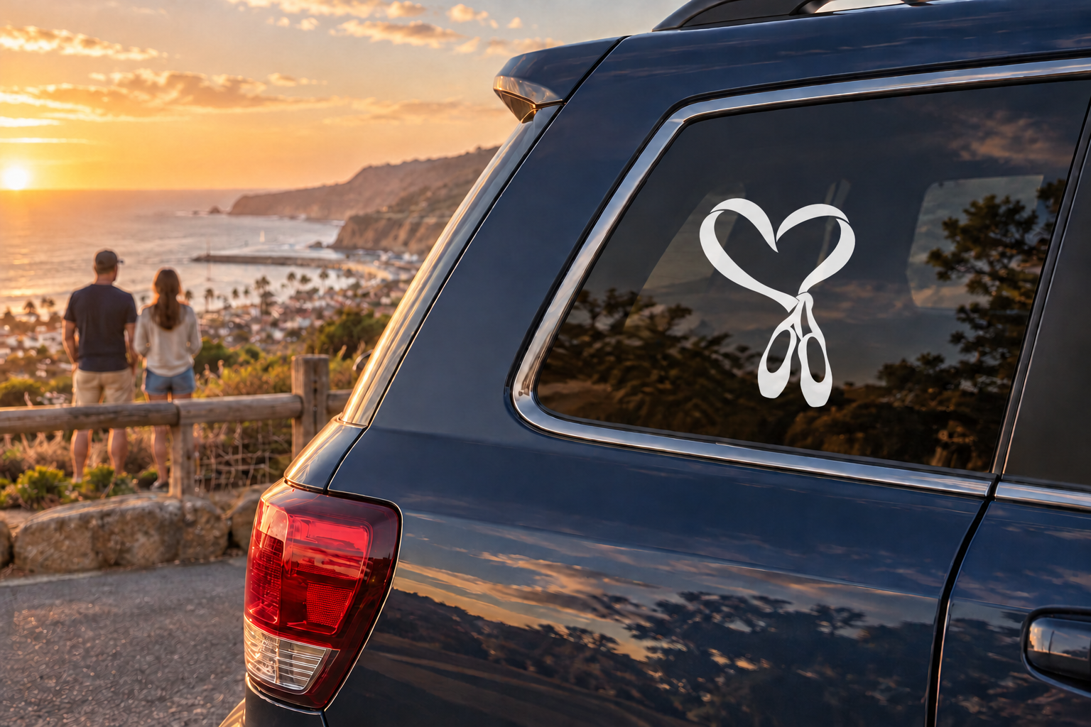 White ballet heart ribbon vinyl decal on car rear window