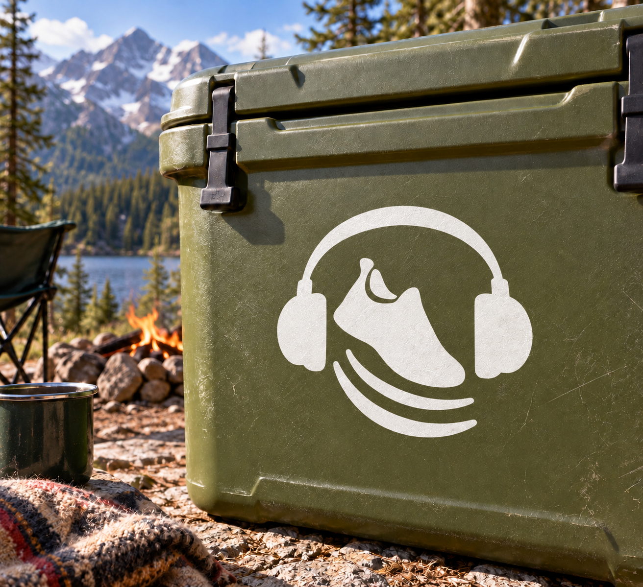 White headphone groove vinyl decal on olive-green hard case
