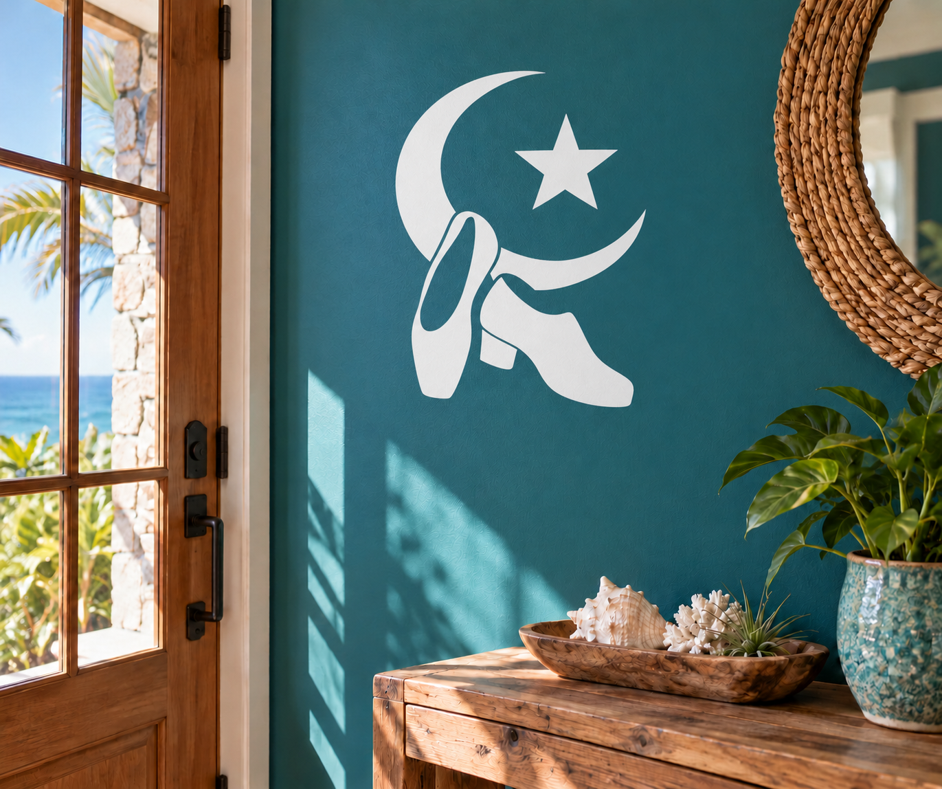 Moon and star dancer vinyl decal, white silhouette on teal surface