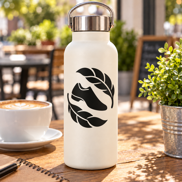 Dance feather vinyl decal with black feather and wave design on a light bottle