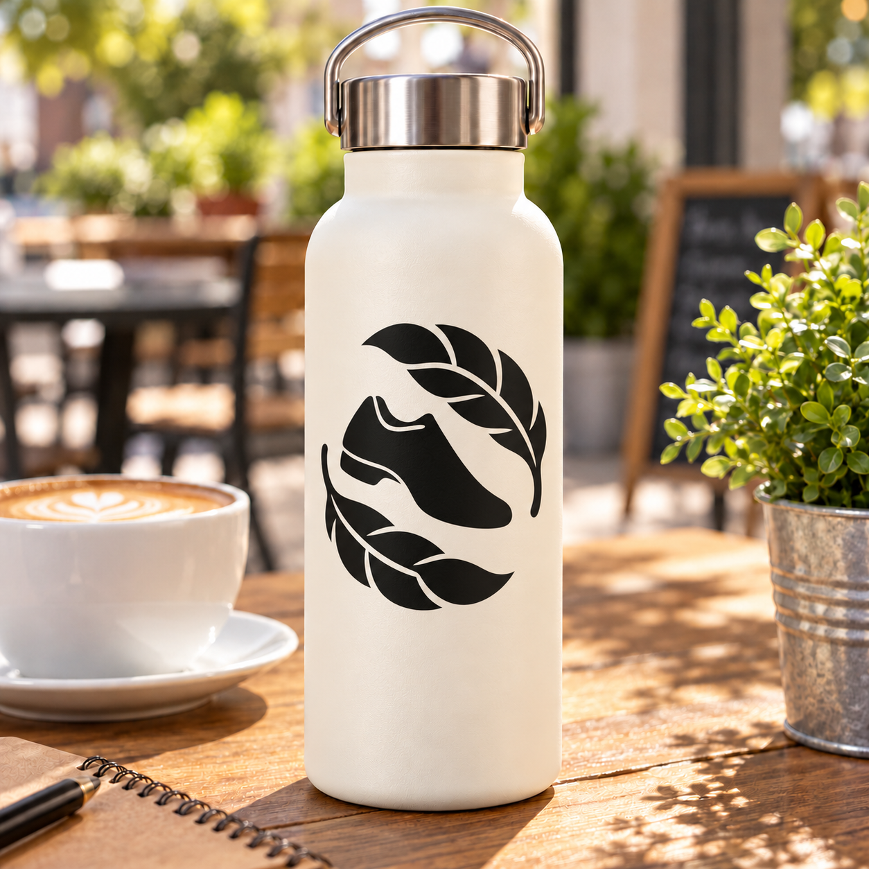 Dance feather vinyl decal with black feather and wave design on a light bottle