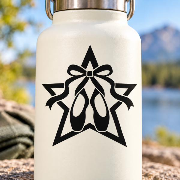 Vinyl dance star decal with bow and teardrop accents, black on off-white bottle
