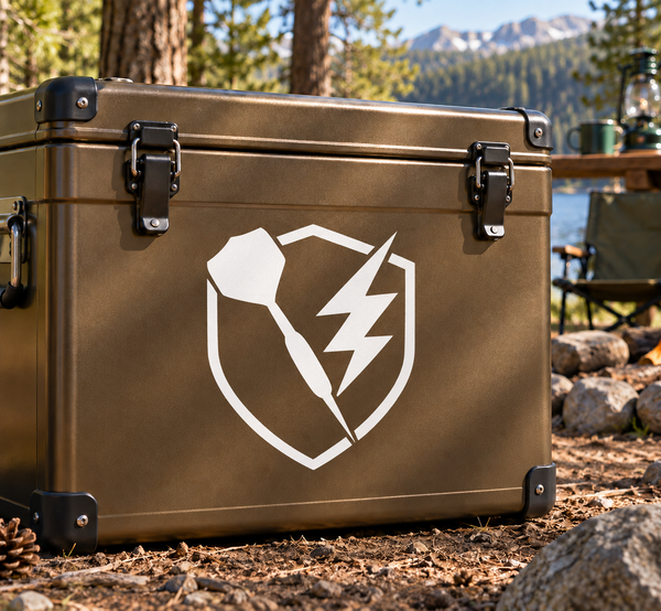 Lightning dart vinyl decal on shield, white and black design on dark case