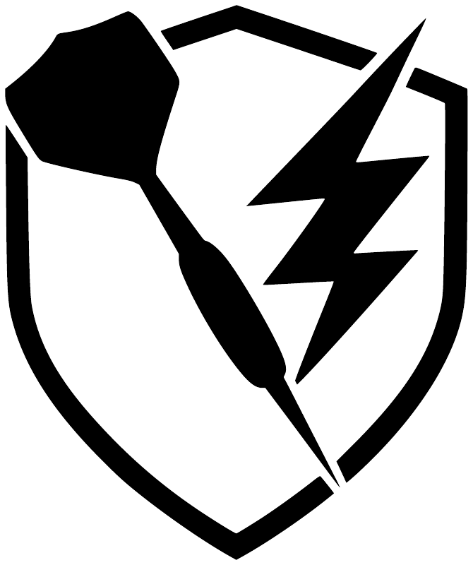 Black shield lightning dart vinyl decal, bold white lightning bolt and dart