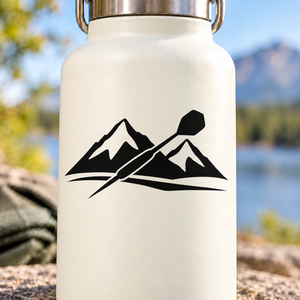 Black mountain climber-style vinyl decal graphic on a white bottle surface