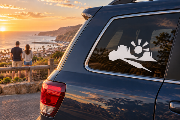 Car rear window vinyl decal with black desert aircraft and sunburst graphic