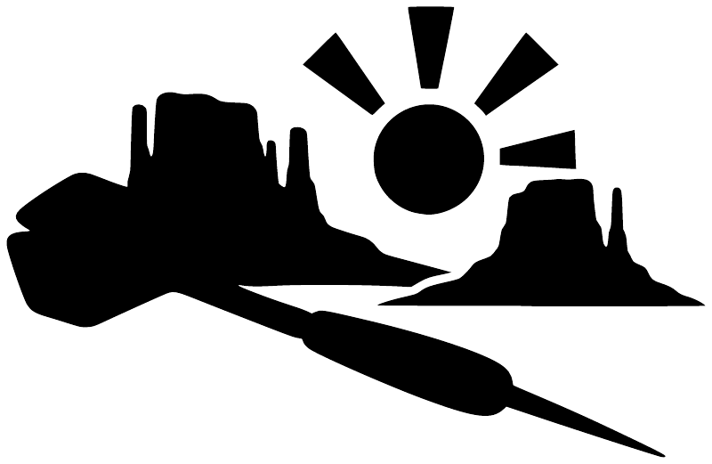 Desert flight vinyl decal: black aircraft silhouette with sunburst and desert scene