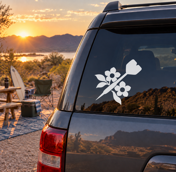 Wildflower line vinyl decal on car rear window, white flowers and leaves with diagonal stem