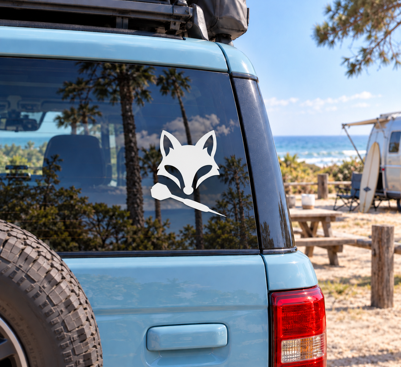 Fox and dart vinyl decal for car window, black and white graphic