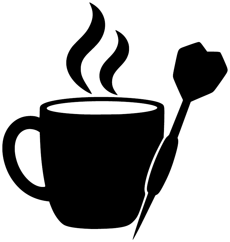Black vinyl decal of coffee mug with flames and dart graphic on white background.