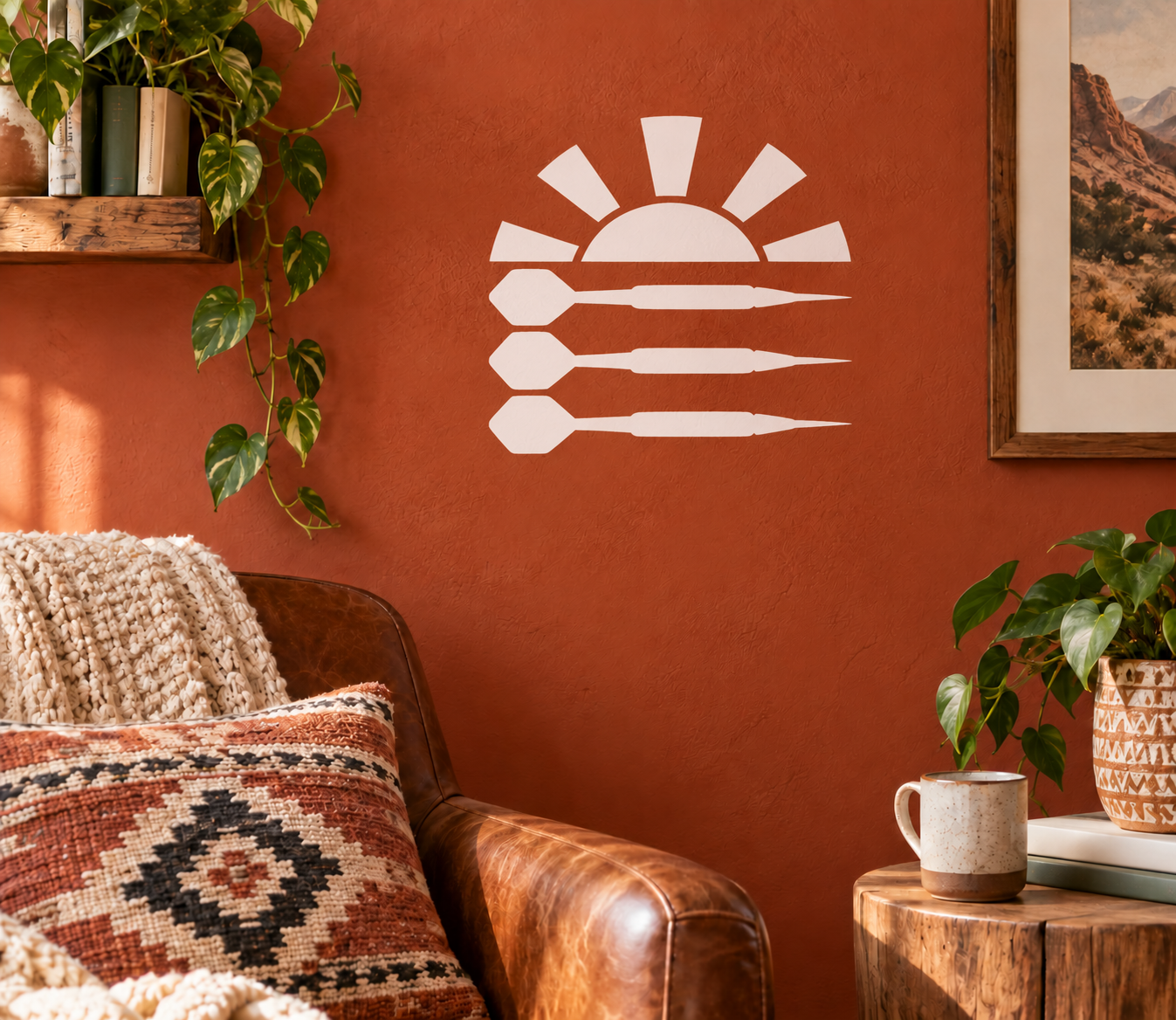 Darts sunset vinyl decal: white sunburst with three horizontal dart shapes