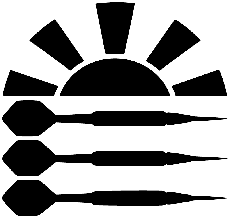 Darts sunset vinyl decal: black sunburst with three dart silhouettes