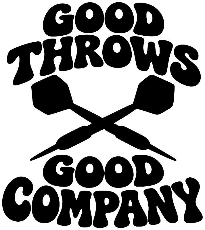 Black vinyl logo decal: “Good Throws” and “Good Company” with dart cross