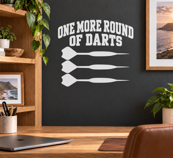 Vinyl wall decal with 'One More Round of Darts' text and three dart silhouettes