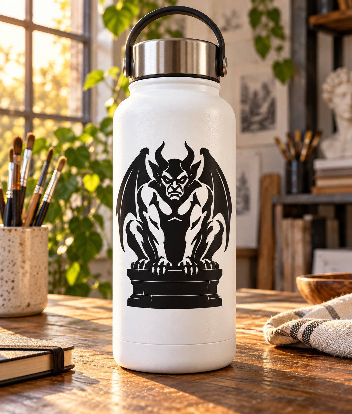 Demon skull wing vinyl decal on white water bottle, black obsidian-style graphic