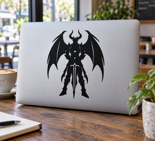Winged demon vinyl decal, black bat-like wings and spiked armor silhouette