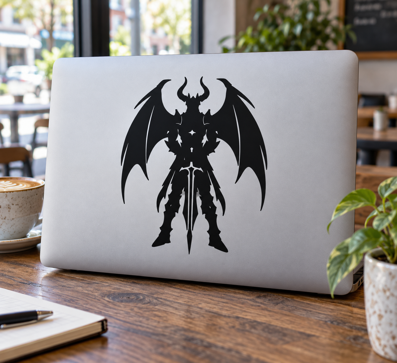 Winged demon vinyl decal, black bat-like wings and spiked armor silhouette