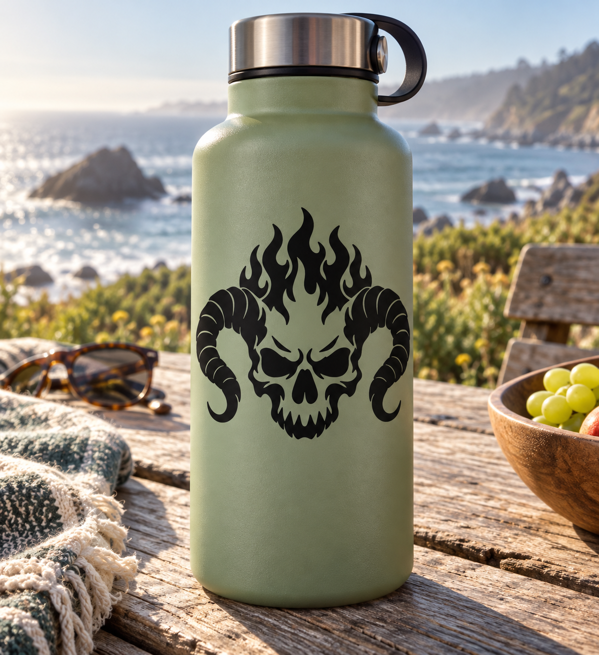 Black demon skull with flame crown vinyl decal on pale green bottle