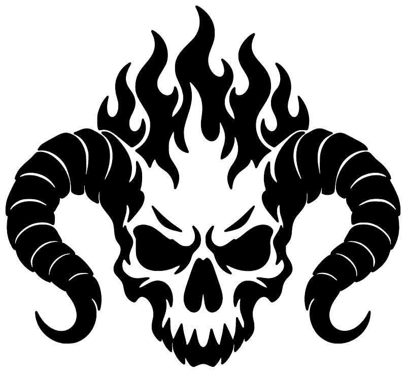 Black demon skull flame-crown vinyl decal with curled horn-like arms
