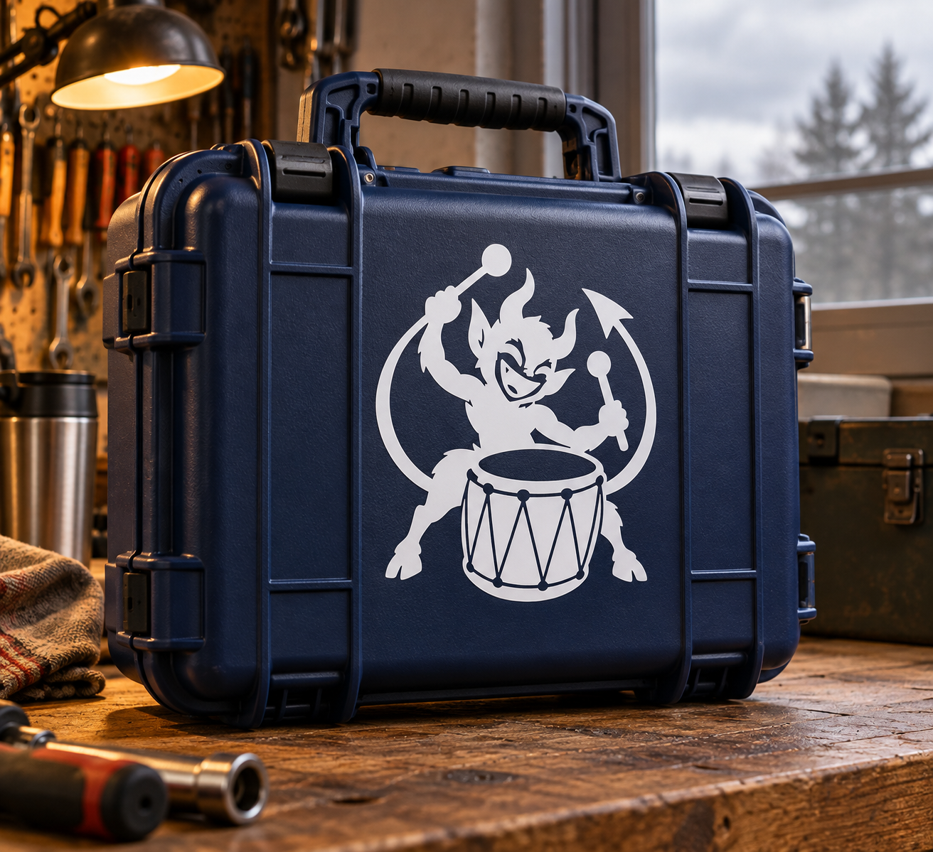 Demon drummer vinyl decal with white demon holding drumsticks and drum icon