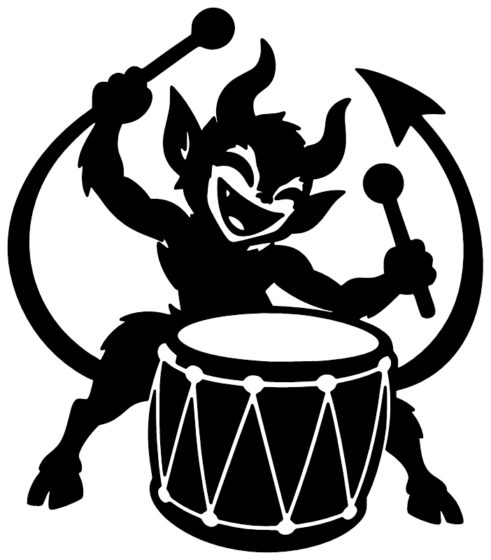 Black demon drummer vinyl decal silhouette with raised drumsticks and round drum motif