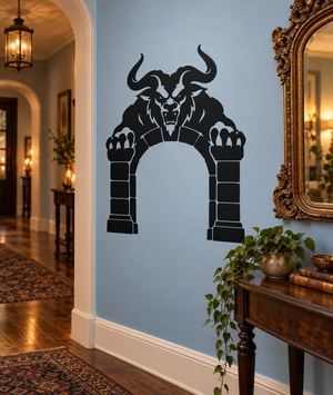 Black demon gate vinyl decal with horned skull and arched stone blocks