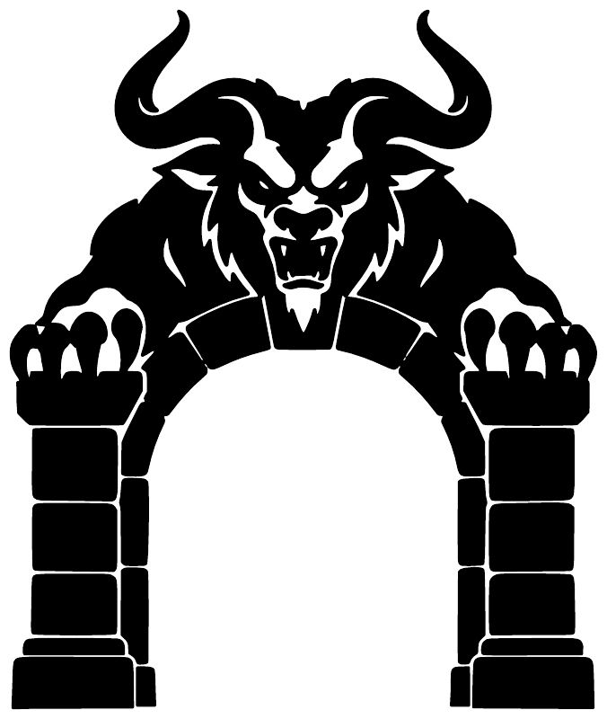 Black demon gate vinyl decal close-up with horned skull and arched stone blocks