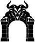 Black demon gate vinyl decal close-up with horned skull and arched stone blocks
