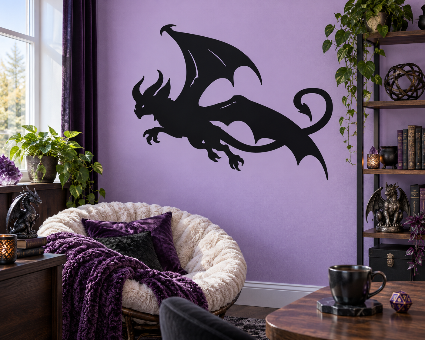 Black demon dragon vinyl wall decal with wings spread, flying silhouette