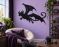 Black demon dragon vinyl wall decal with wings spread, flying silhouette