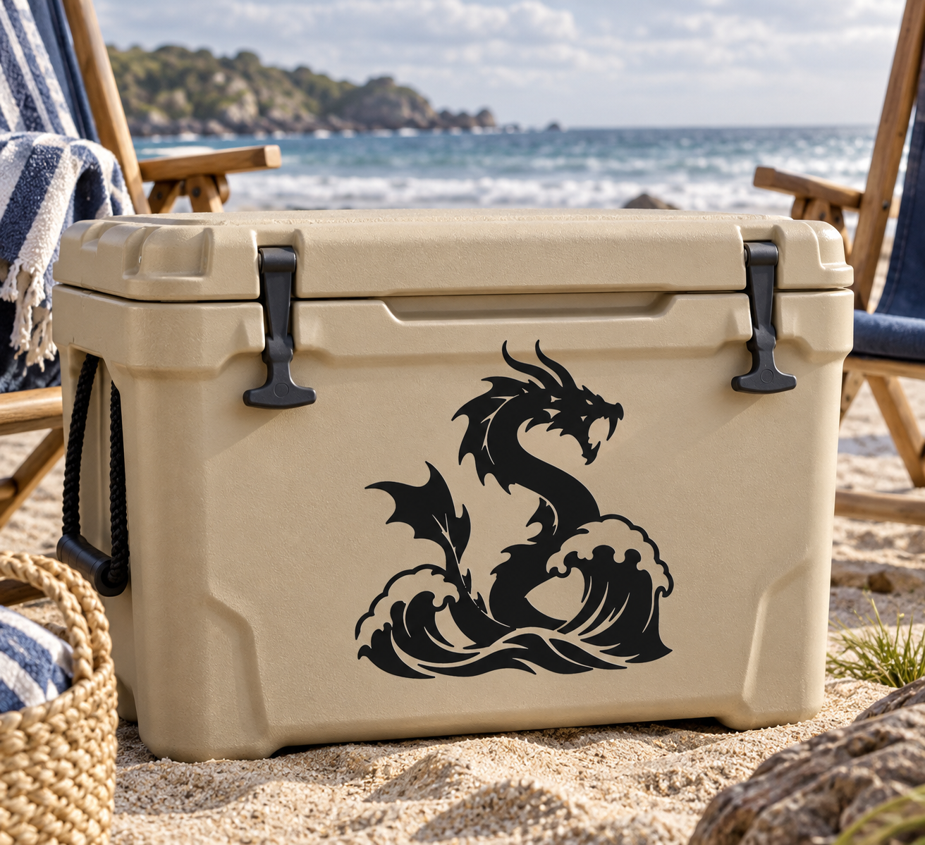 Black dragon vinyl decal with swirling wave design on a light surface