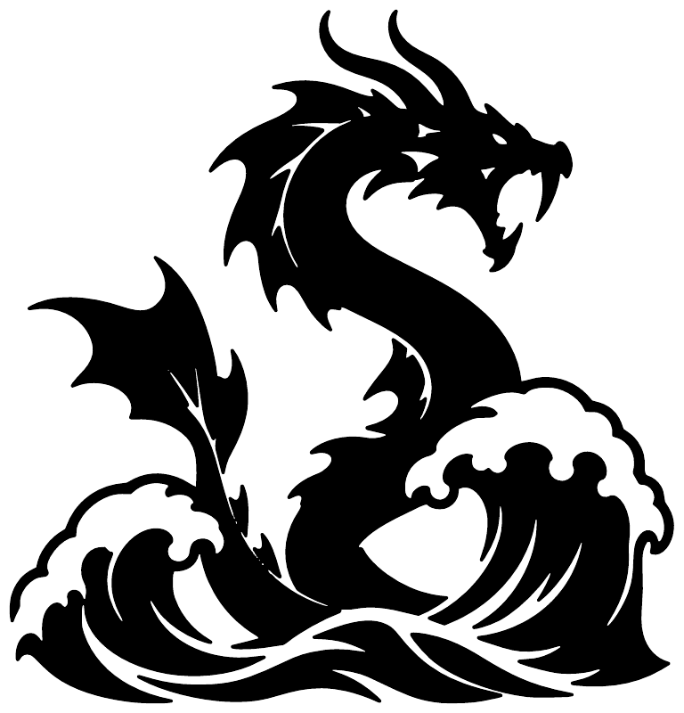 Black demon dragon vinyl decal with flames and ocean waves, cutout style