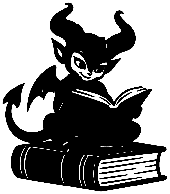 Black horned demon reading a book vinyl decal, sticker-style graphic close-up
