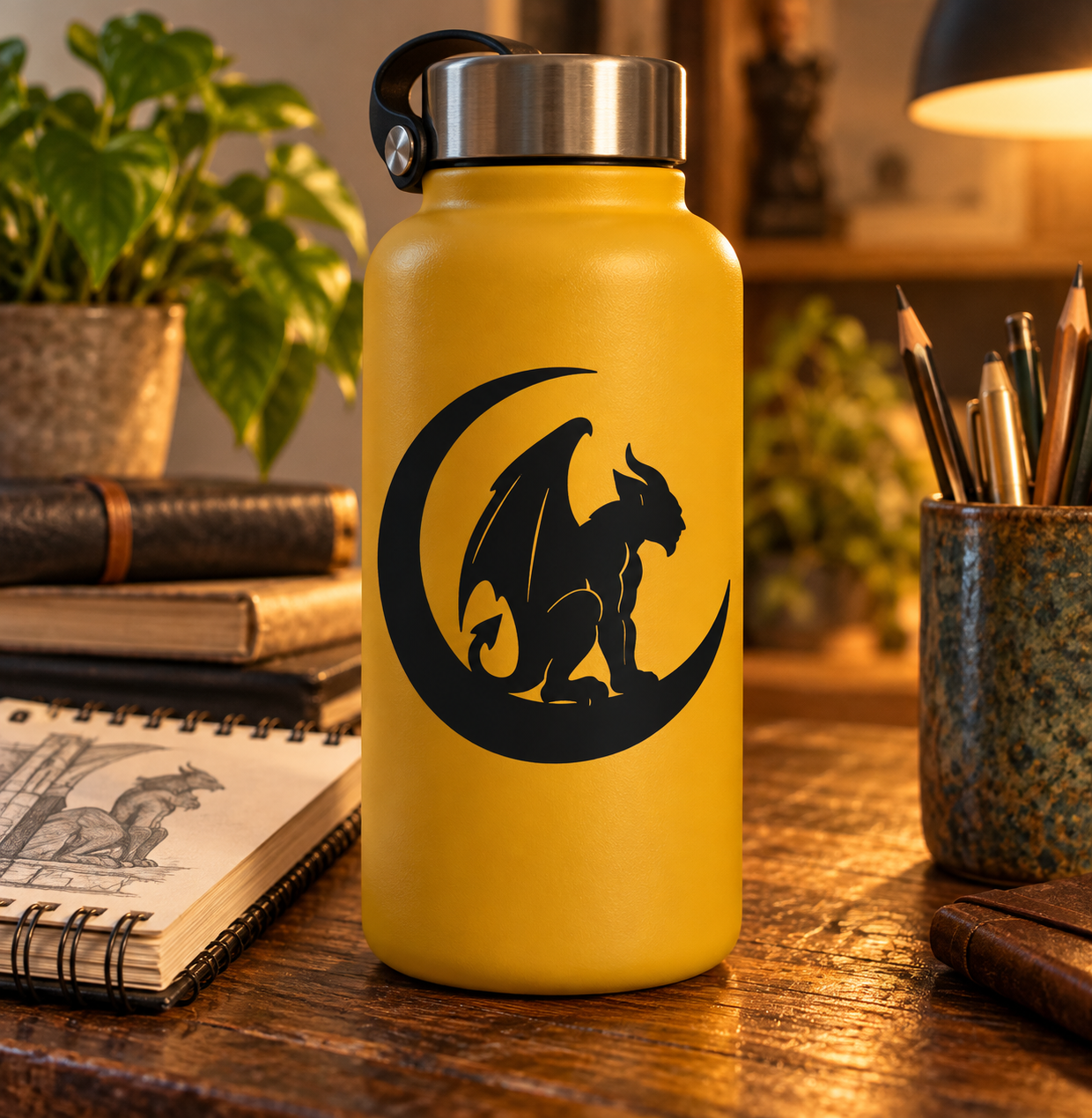 Black vinyl decal of a gargoyle on a crescent moon, shown on a bottle