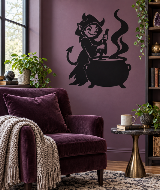 Black vinyl decal of a demon holding a staff over a cauldron with flames