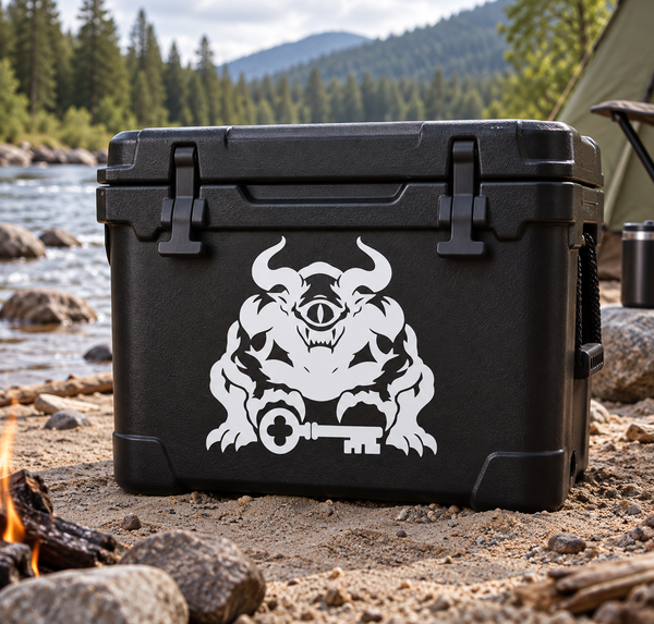 Demon guardian vinyl decal: white demon skull with horns, key, and chains on black case.