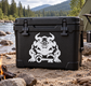 Demon guardian vinyl decal: white demon skull with horns, key, and chains on black case.