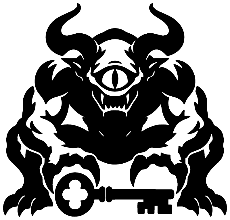 Demon guardian vinyl decal graphic: horned skull with eye flames, key and crossed details.