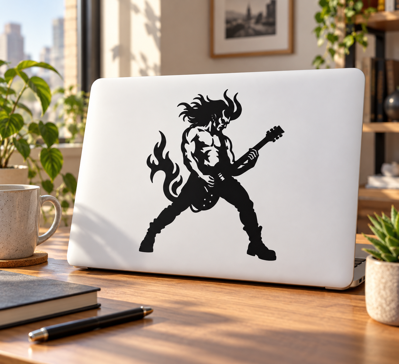 Black demon guitarist vinyl decal with flames and electric guitar.