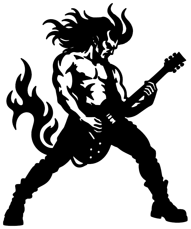 Black demon guitarist vinyl decal with flames and electric guitar, close-up.