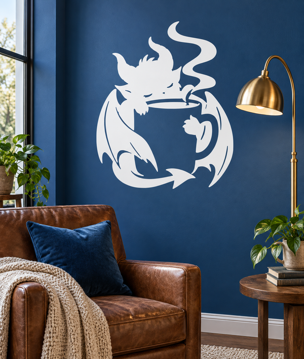 White demon holding a coffee mug vinyl decal with curling steam lines