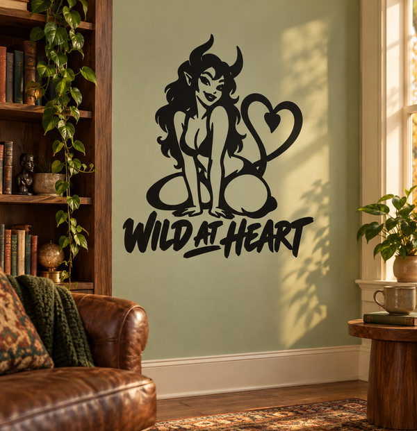 Black demon-girl vinyl wall decal with heart, pose, and bold 'Wild at Heart' text