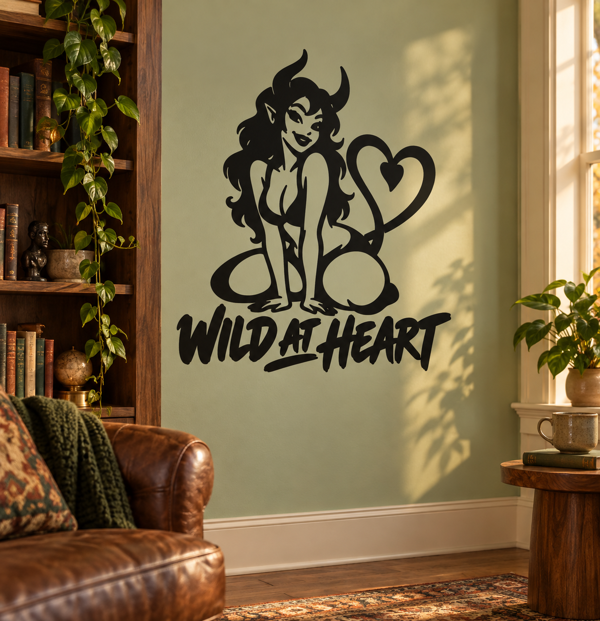 Black demon-girl vinyl wall decal with heart, pose, and bold 'Wild at Heart' text