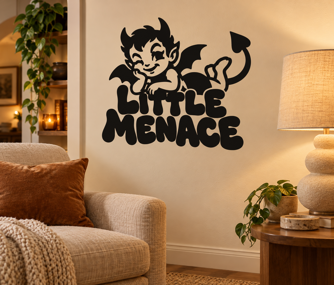 Black vinyl wall decal with cute demon boy holding trident and text